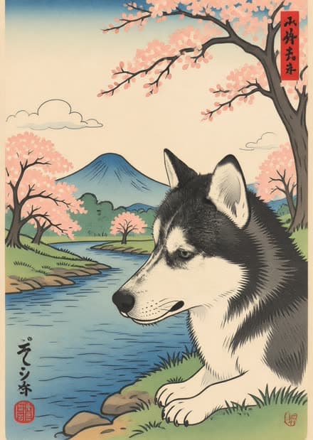 Huisdierportret in ukiyo-e houtsnede stijl op hout