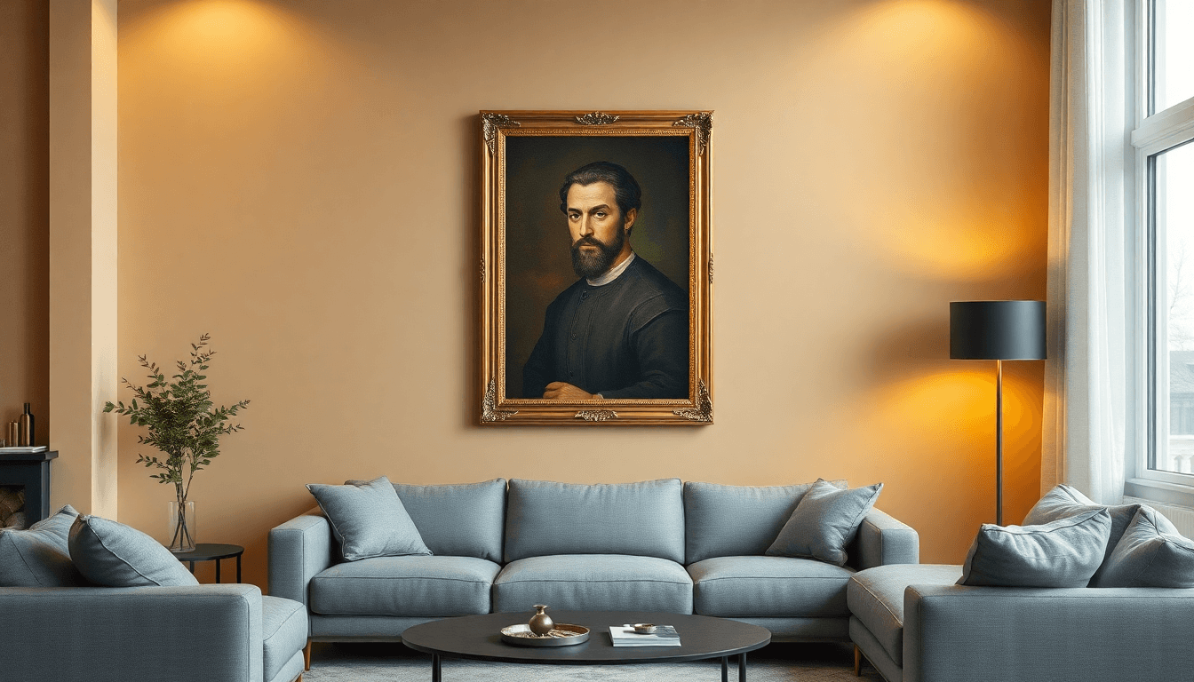 Kunstwerk ingelijst aan de muur in een gezellige woonkamer