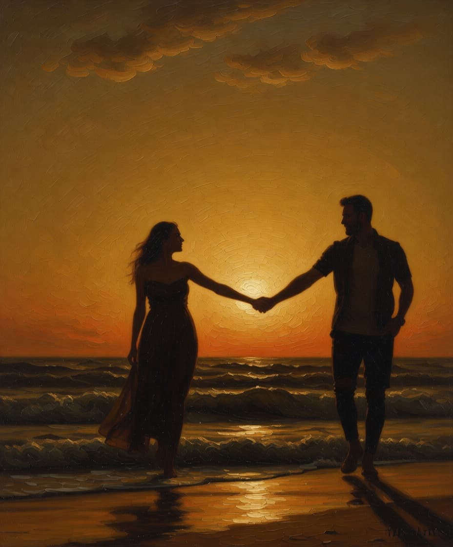 Koppel bij zonsondergang als renaissance olieverfschilderij — kunststijl geselecteerd