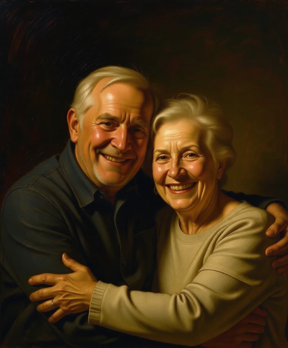 Ouder koppel als renaissance olieverfschilderij — voorbeeld van AI-kunststransformatie