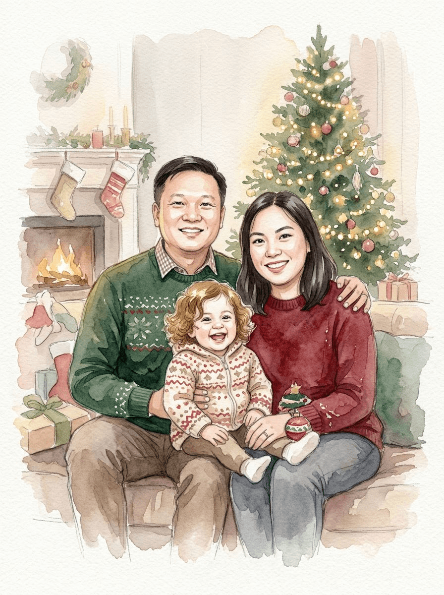 Aquarel — twee losse foto's: een koppel en een kind