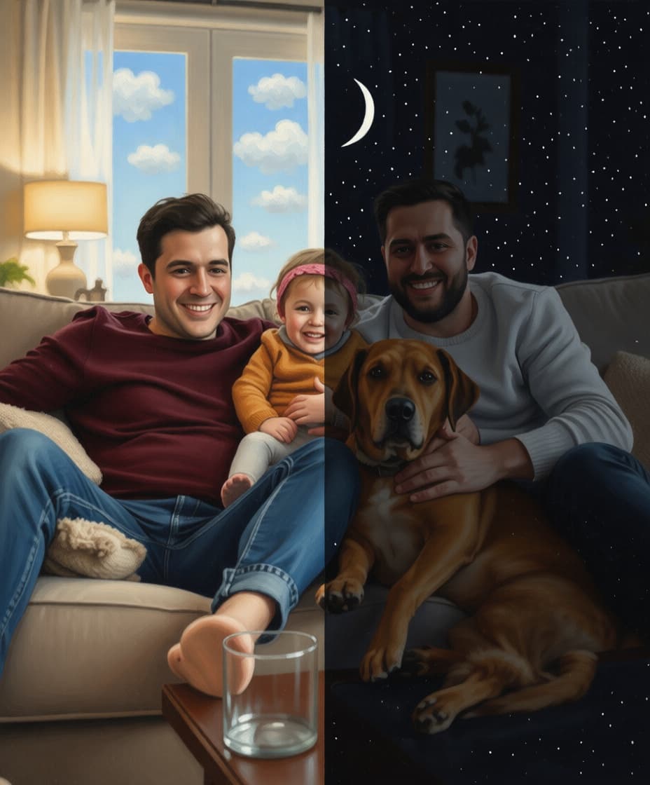 Familie op de bank als magic realism kunstwerk — premium canvas kwaliteit