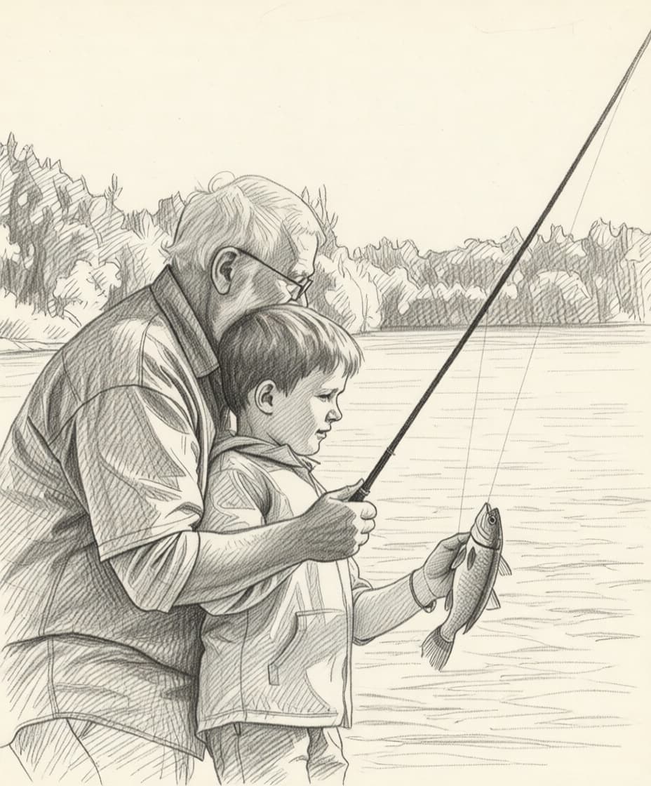 Kunstwerk — Grootouder en kleinkind in houtskool