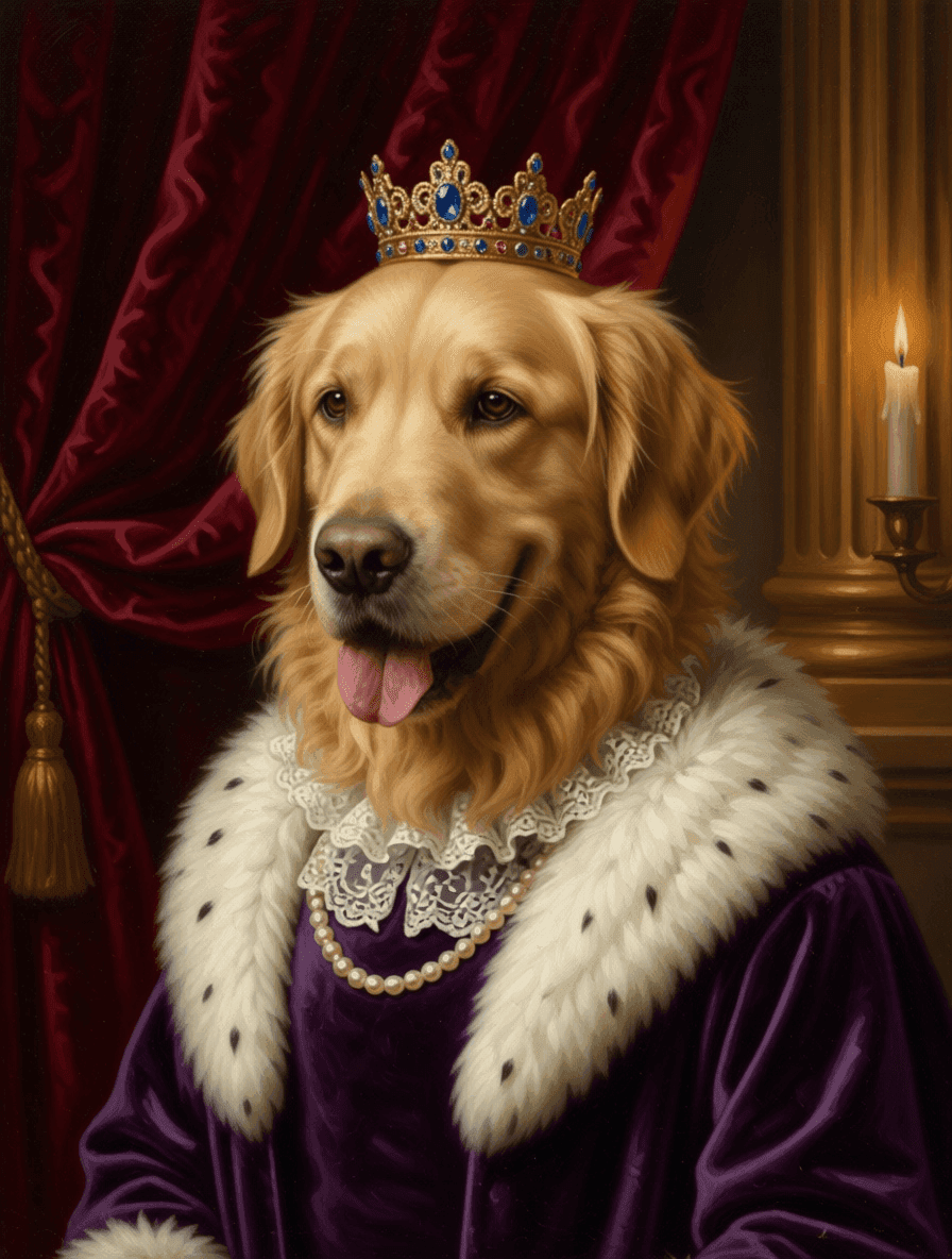 Gouden retriever als koningin in een olieverfportret