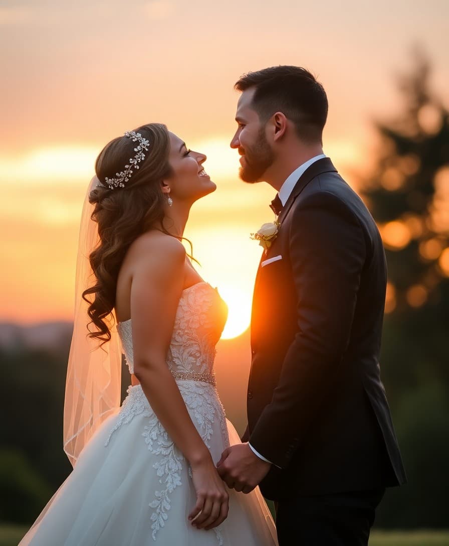 Romantische huwelijksfoto bij zonsondergang