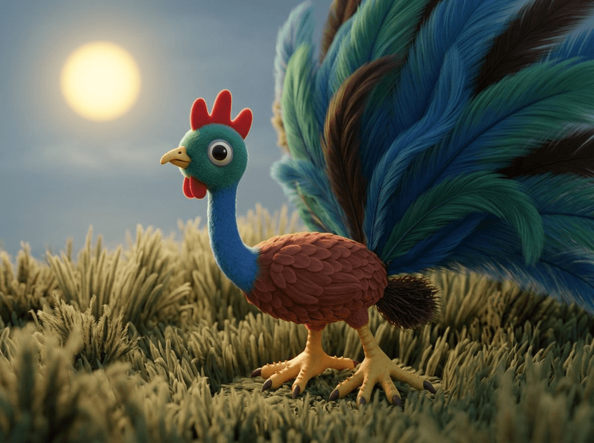Animatiefilm variant — kindertekening van een haan in het gras