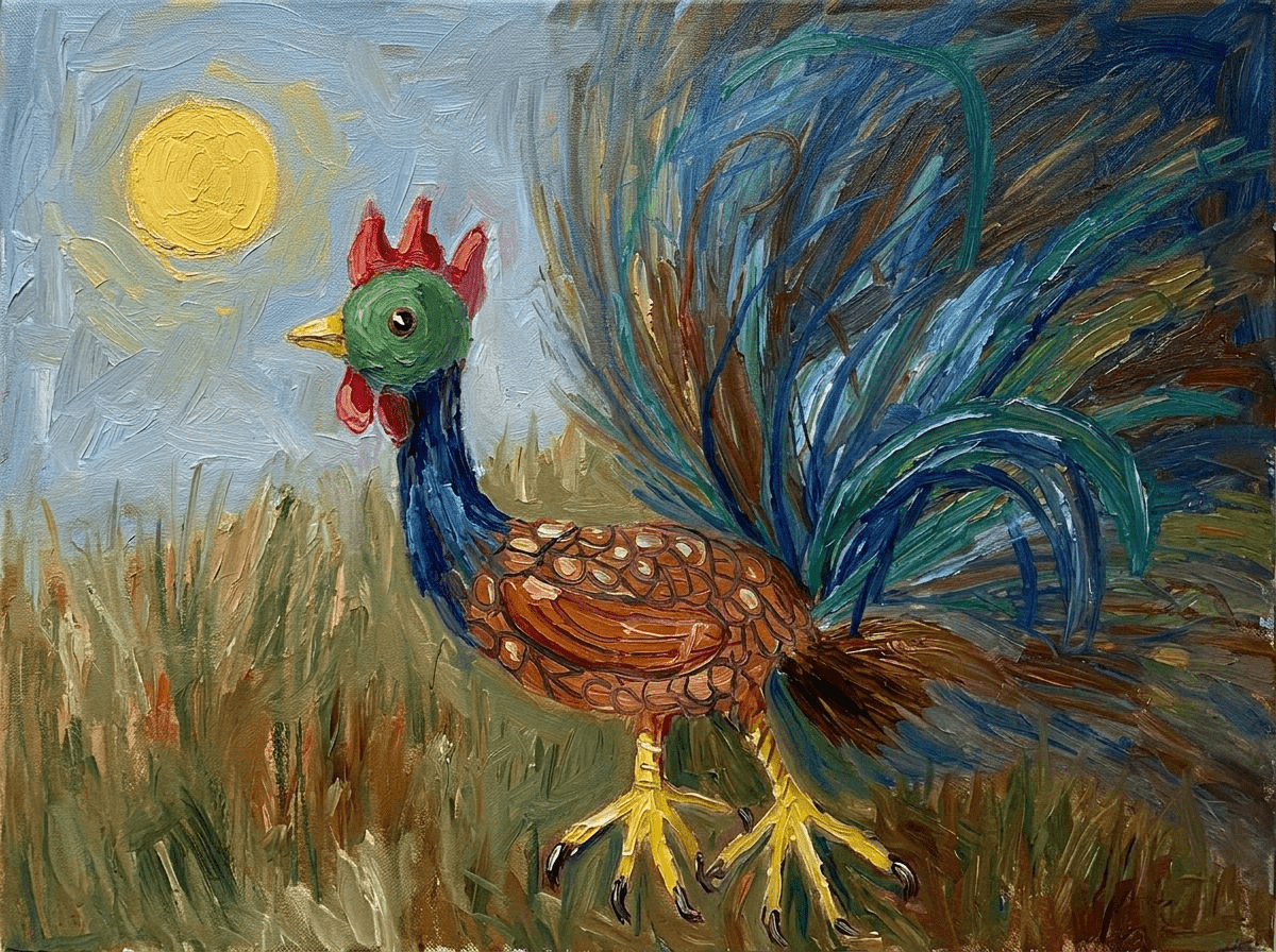 Olieverf variant — kindertekening van een haan in het gras